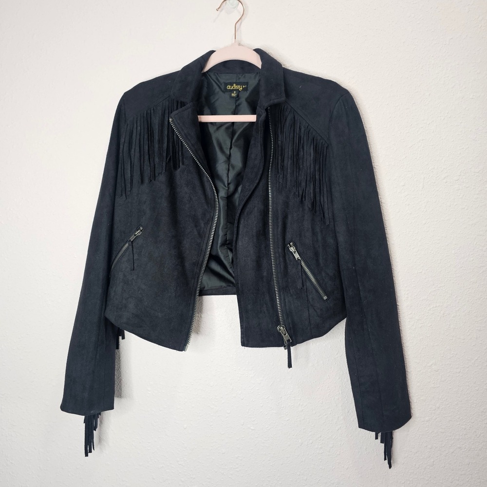 Audrey 3+1 Black Faux Suede Fringe Cropped Jacket Moto Biker Small‎ Western